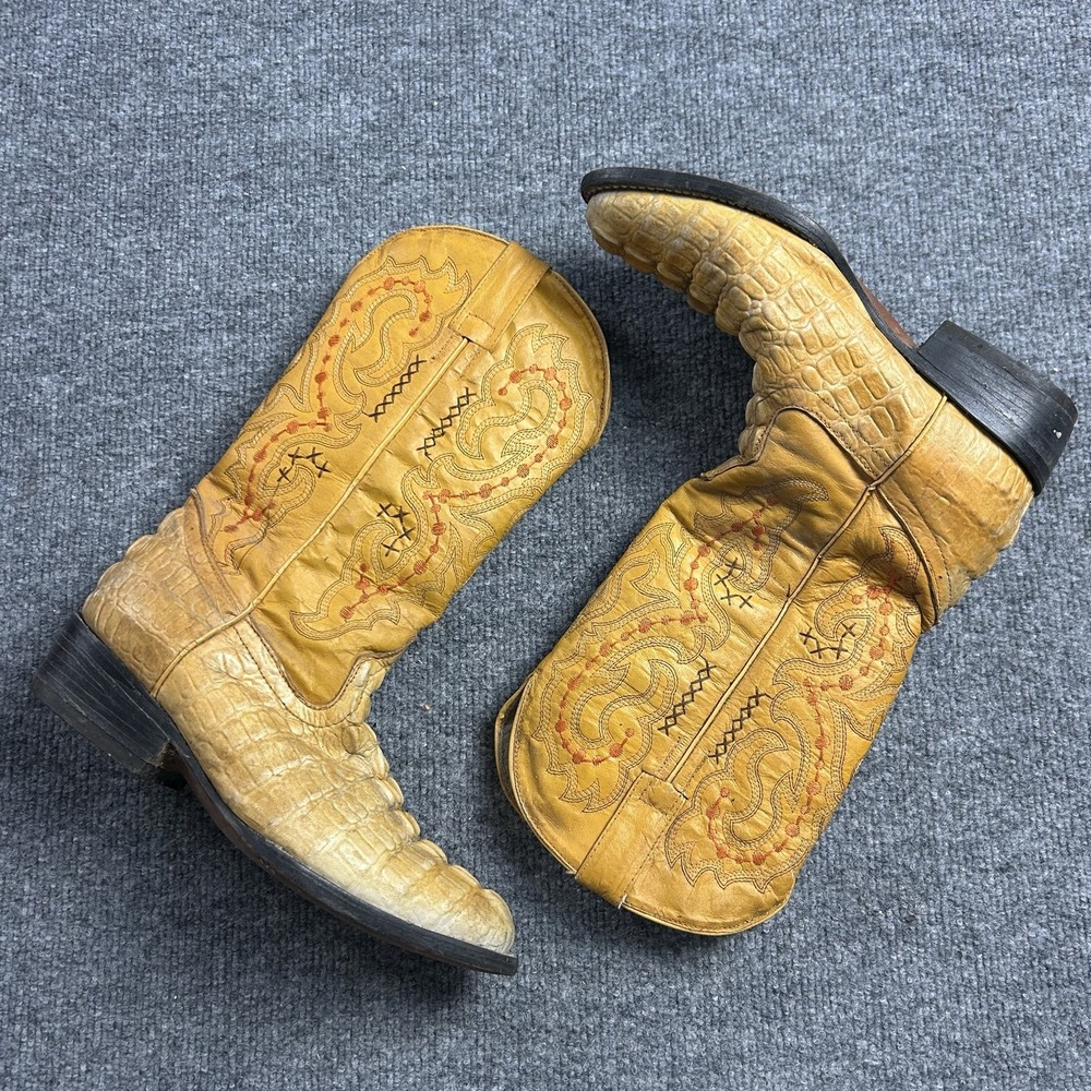 Western Boots Womens Size 6 Yellow Leather Croc Embossed Embroidered Round Toe